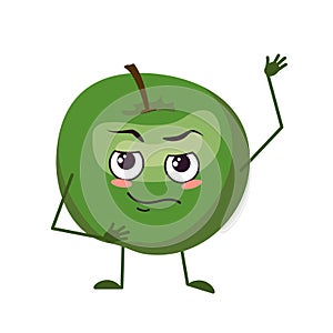 Cute apple character with face and emotions, arms and legs. The funny or sad hero, green fruit