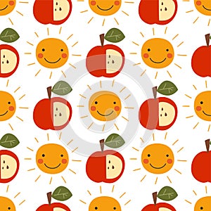 Cute apples and smiling sun seamless pattern. Vector summer kids repeat background in childish style. Funny nursery