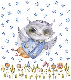 Cute aquarelle owl and wildflowers, childish style