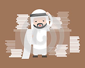 Cute arab business man stress in work place and pile of document