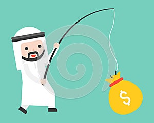 Cute Arab businessman got money bag by fishing rod, business sit