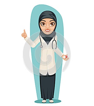 Cute Arab Doctor with Pill Medicine in Hand Forefinger up Advice Preaching Admonition Female Girl Character Isolated photo