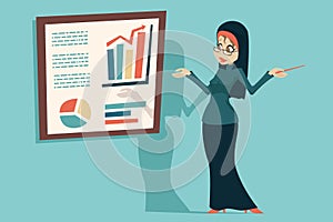 Cute arab female tradidcional clothing hijab abaya jacket presentation infographics businesswoman cartoon character icon