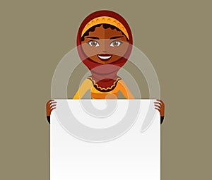 Cute arab muslim woman holding board flat cartoon vector illustration solated on background