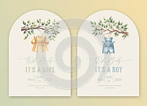 Cute arch baby shower watercolor invitation card for baby and kids new born celebration. Its a girl, Its a boy card with tree