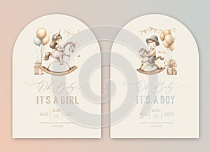 Cute arch baby shower watercolor invitation card for new born celebration with boy and girl on a toy rocking horse with balloons