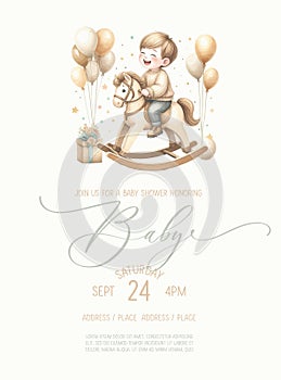 Cute arch baby shower watercolor invitation card for new born celebration with boy and girl on a toy rocking horse with balloons