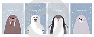 Cute arctic animals with lettering. polar bear, penguin, seal, walrus