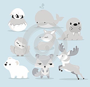 Cute Arctic baby animals in flat design set