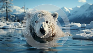 Cute arctic mammal, fur wet, looking at camera, tranquil scene generated by AI