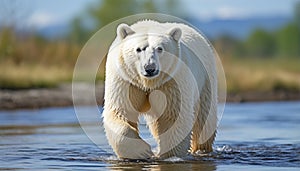 Cute arctic mammal looking at camera in snowy wilderness generated by AI