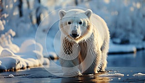 Cute arctic mammal walking on frozen pond in winter generated by AI