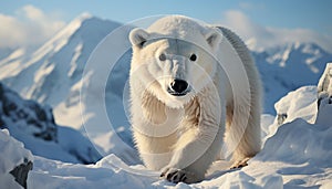 Cute arctic mammal walking in snowy wilderness, looking at camera generated by AI