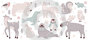 Cute arctic winter water and forest animals character isolated graphic set vector illustration