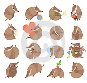 Cute Armadillo Character with Armor Shell Engaged in Different Activity Big Vector Set