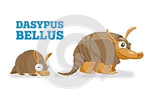 Cute armadillo family. Vector illustration of pleistocene baby, young and adult wild animals armadillo.