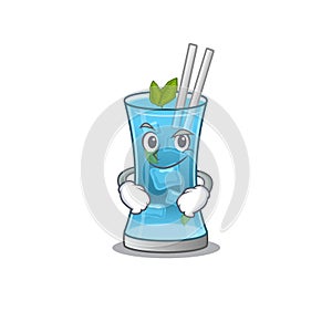 A cute arrogant caricature design of blue hawai cocktail having confident gesture