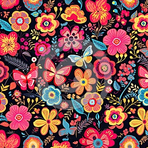 cute art of Textile Designs sweet flowers leaf butterflys pink background