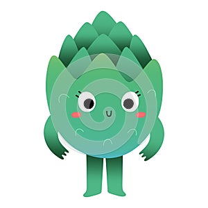 Cute artichoke character, healthy green vegetable mascot for kids, kawaii cartoon veggie character with funny face