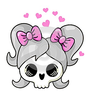 Cute artoon Skull on a white background. Very cute Skull with bow and pink heart vector illustration.