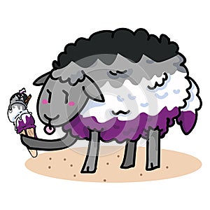 Cute asexual sheep with tasty ice cream cartoon vector illustration motif set. Hand drawn isolated summer treat elements