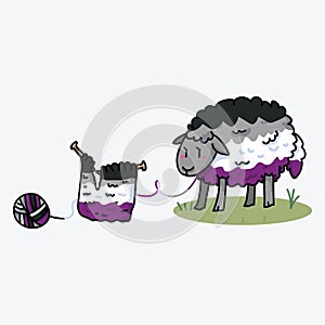 Cute asexual wooly sheep cartoon vector illustration motif set. Hand drawn isolated knitting yarn elements clipart for