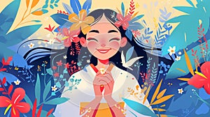 Cute Asian American girl smiling, surrounded by flowers. Asian American and Pacific Islander cute cartoon banner design