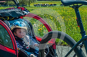 Cute Asian baby boy in a protective helmet in a bicycle
