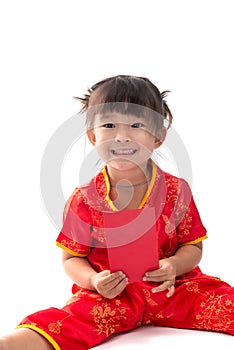 Cute Asian baby girl in traditional Chinese suit with red pocket