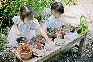 Cute asian child girl helping mother planting or cutivate the plants. Mom and daughter engaging in gardening at home.