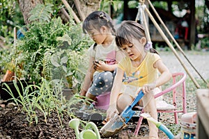 Cute asian child girl helping mother planting or cutivate the plants. Mom and daughter engaging in gardening at home.