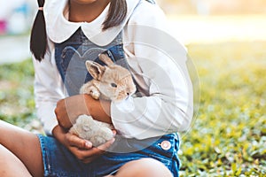 Cute asian child girl playing with bunny rabbit with love and tenderness