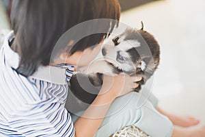 Cute asian child playing with siberian husky puppy