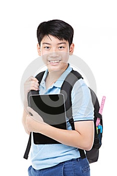 Cute asian child with school stationery on white background
