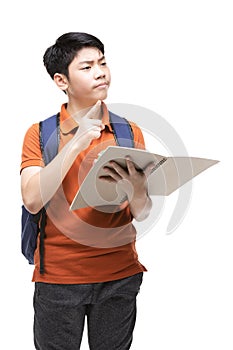 Cute asian child with school stationery on white background