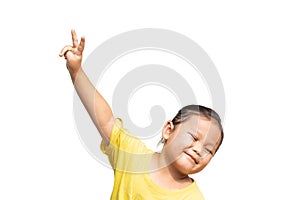 Cute Asian child wearing shirt raising hands on white background