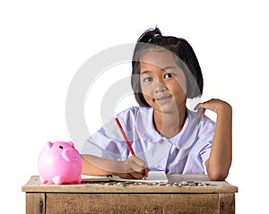 Cute asian country girl Make a note of income receipts and coins with piggy bank isolated on white background