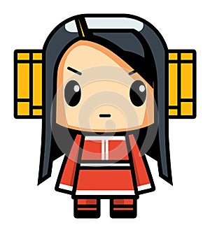 Cute Asian girl cartoon character in traditional red dress. Japanese Kimono doll with black hair vector illustration