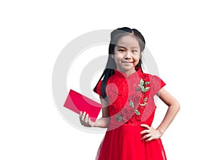 Cute Asian girl in chinese cheongsam and Tradition Chinese dress with red envelope , Chinese new year concept