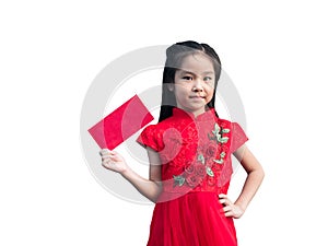 Cute Asian girl in chinese cheongsam and Tradition Chinese dress with red envelope , Chinese new year concept