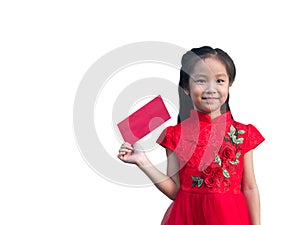 Cute Asian girl in chinese cheongsam and Tradition Chinese dress with red envelope , Chinese new year concept