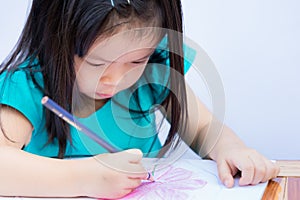 Cute Asian girl is doing art coloring wood with blue crayon pencils on white drawing paper book. Child make crafts.