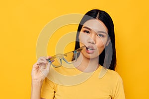 cute asian girl in stylish glasses monochrome photo