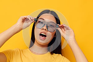 cute asian girl in stylish glasses monochrome photo