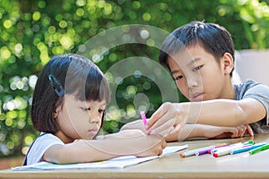 Cute Asian girls and boys, aged 4 to 10, sit outdoors in the garden, the brother is teaching her sister to write and draw with joy