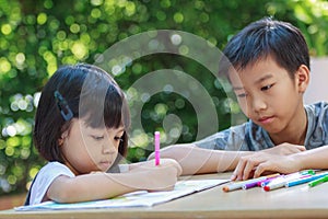 Cute Asian girls and boys, aged 4 to 10, sit outdoors in the garden, the brother is teaching her sister to write and draw with joy