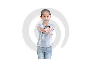 Cute asian little child girl reaching cross arm hands break in front of isolated on white background