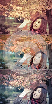 Cute Asian Thai girl is touching red leaves in autumn season abo
