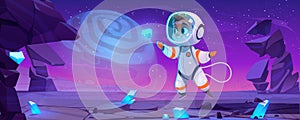 Cute astronaut on alien planet in space, cosmonaut