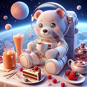 A cute astronaut bear in a chill pose, having breakfast at the outer spcae, planet, with cake, coffee, tea, juice, cartoon, pixar photo